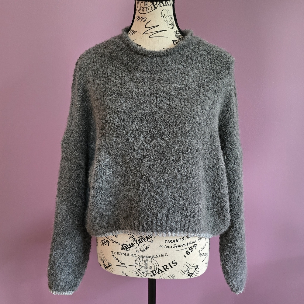 URBAN OUTFITTERS Grey baggy boho pullover cropped 3/4 Sleeve sweater